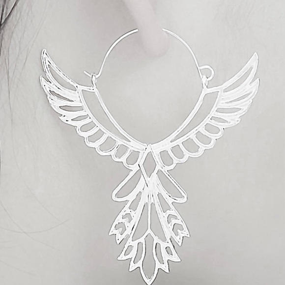 Free People Jewelry - “Thunderbird” Phoenix Silver Guardian Angel Festival Native American Wing Hoops